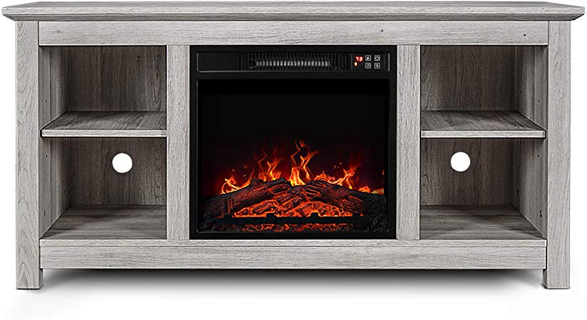 BELLEZE 50 Inch Kenton Wood Fireplace Heater TV Stand Console for TV's Up to 55" - with Remote Control, Sargent Oak