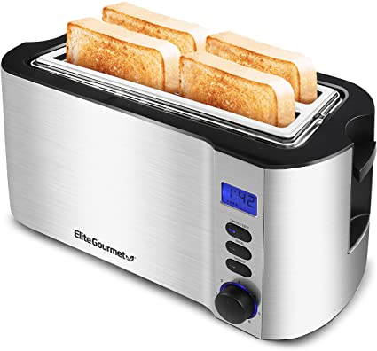 Elite Gourmet ECT4400 4-Slice Long Slot Cool-Touch Toaster, Cancel, Defrost and Bagel Functions, 6 Toast Settings, Slide-Out Crumb Tray, Silver