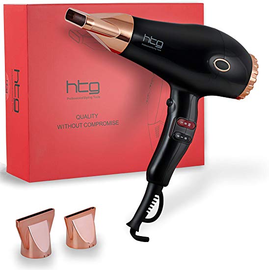 HTG Compact Hair Dryer With Negative Ion Blow Dryers with Ionic Protect hairdryer blowdryer Salon care AC Motor 1875W Salon Quality Professional Hair Dryer With Negative Ion for shinny Hair 3 heat 2 speed with 2 nozzles Infrared Hair Dryer HT039(Black)