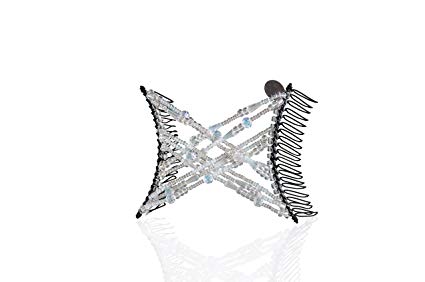 Hair Combs with Elastic by HairZing - Double Comb for Thick, Curly, Kinky Hair - Put Your Hair Up in Seconds with No Damage, Creases, or Pain (Double Cross, Crystal Medium)