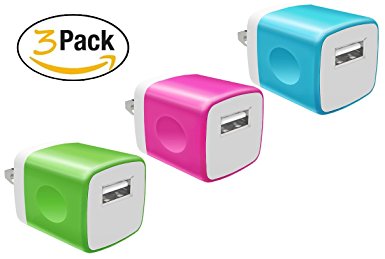 Wall Charger, 3-Pack 1A/5V Two-Tone Universal USB Ac Wall Travel Power Charger Adapter for iPhone 7/7 plus 6/6 plus 5S 5 4S Samsung S5 S4 S3, Note 5, HTC, LG and More Device (3 Random Colors)