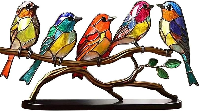 CHDHALTD Metal Flat Birds Decorations,Multicolor Hummingbird Craft Statue Bird Ornaments,Glass Birds On Branch Desktop Ornaments(5)