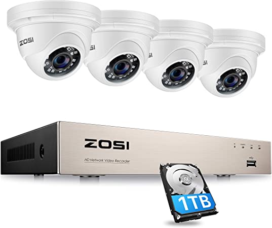 ZOSI 8CH 5MP 2K  PoE Home Security Camera System with Hard Drive 1TB, H.265  8Channel 5MP CCTV NVR and 4pcs Wired 5MP Indoor Outdoor PoE IP Dome Cameras with 130ft Night Vision for 24/7 Recording