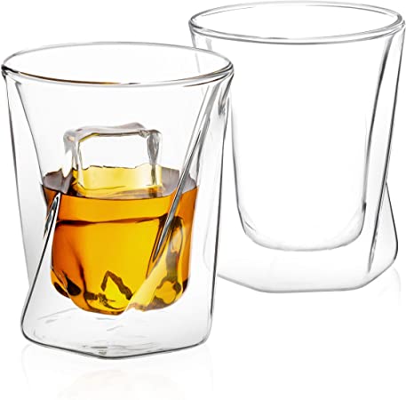 JoyJolt Lacey Whiskey Double Wall Glasses, Set of 2 Insulated Whiskey Glass, 10-Ounces.