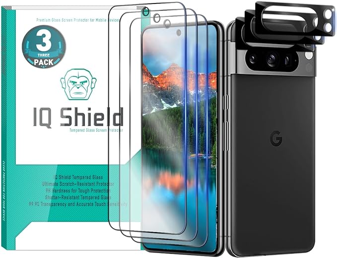 IQShield 3 Pack for Google Pixel 8 Pro Screen Protector HD Tempered Glass, Clarity, 9H Hardness Crystal Clear Shield, Easy Installation, Full Coverage for your Pixel 8 Pro   3 Camera Protector