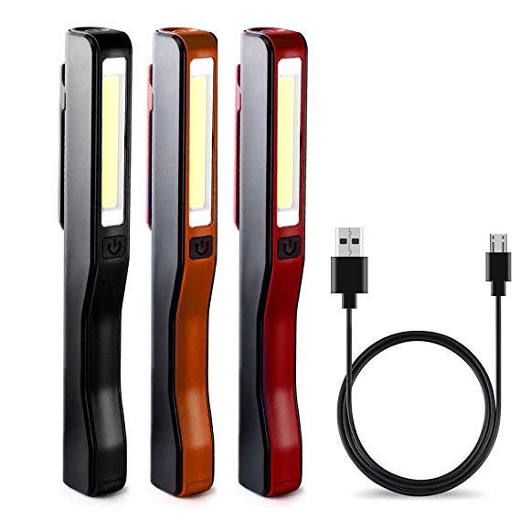 Lily's Gift Rechargeable LED Work Light,Portable Pocket COB Floodlight/Inspection Lamp/LED Flashlight, with 3 USB Cable and Magnetic Clip, 3 Pack (Black red Orange)