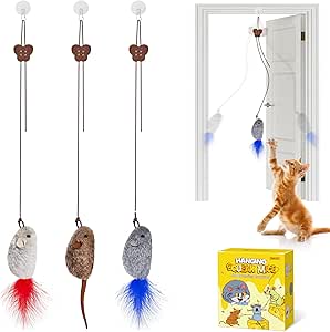 Potaroma Hanging Cat Mice Toys 3 Pcs with Squeaky Sound, Interactive Cat Teaser Retractable, Cat Toys Indoor Kitten Play Chase Exercise, Mental Physical Stimulation