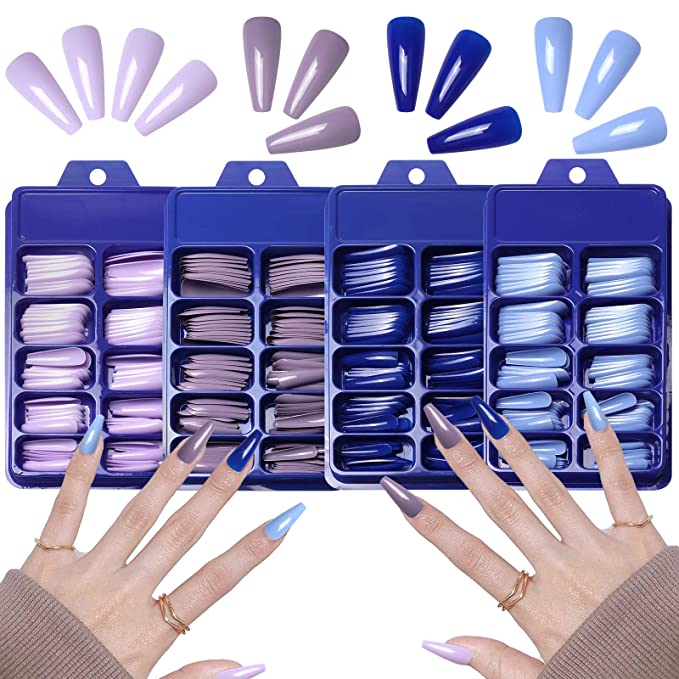 SIUSIO 400Pcs Colorful Coffin Nails Full Cover Press on UV Top Coat Covered Fall Pure Color Acrylic Fake Nail Extra Long Ballerina False Gel Nails Art Tips for Women and Girls (Blue Purple)