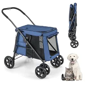 Giantex Dog Stroller, One-Button Folding Pet Stroller with 3 Entrances, 4 Shock-absorbing Wheels, Side Storage Pockets, Safety Strap, Cat Stroller Travel Carrier Strolling Cart (Navy Blue & Black)