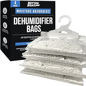 4 Pack Boat Dehumidifier Moisture Absorber Hanging Bags and Charcoal Smell Remove Damp Musty Smell | Basement Closet Home RV or Boating