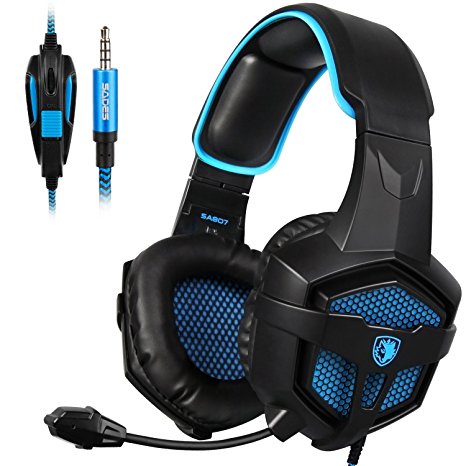 SADES New SA807S Over-ear Stereo Gaming Headset Headband Headphones with Microphone/Control-remote/Noise-Reduction for PC Computers/Mac/Laptop/PS4/New Xbox One/Cellphons/Tablets (Black Blue)