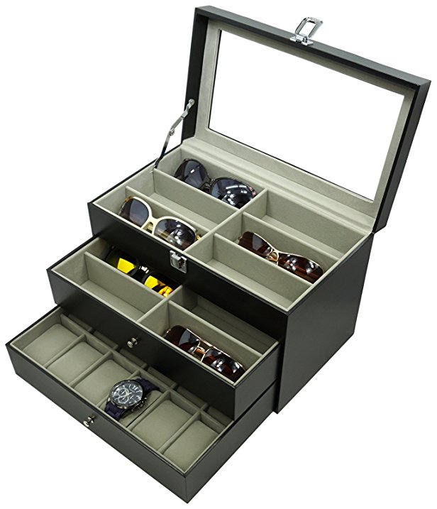 Holding 12 Glasses and 12 Watches, Sunglasses Watch Box Eyewear Accessories Display Storage Case Organizer