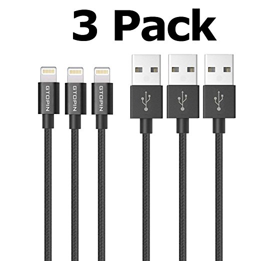 Gtopin 3 Pack Fastest Charger Lightning Cable Cord Nylon Braided Charging Cable USB Sync Data Cord for iPhone 7 Plus 7 6S 6 Plus SE 5S 5C 5 iPad iPod - 3.3ft(1m) Black