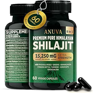 Anuva Pure Premium Himalayan Shilajit 15,250mg, with Ashwagandha, Cordyceps Mushroom, Turmeric, Ginseng, Gingko Biloba, Stinging Nettle, 60 Vegetarian Capsules | Shilajit for Men, Shilajit for Women