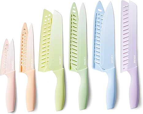 CAROTE 12Pcs Kitchen Knife Set, Stainless Steel Blade with Ceramic Nonstick Coating, Cutlery Knives with Blade Guards, Dishwasher Safe, Multicolored