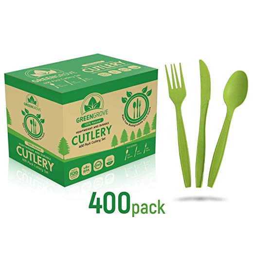 100% Compostable Forks, Spoons and Knives Cutlery Set- 400 Large Ecofriendly Utensils with Tray and Sign (Green)