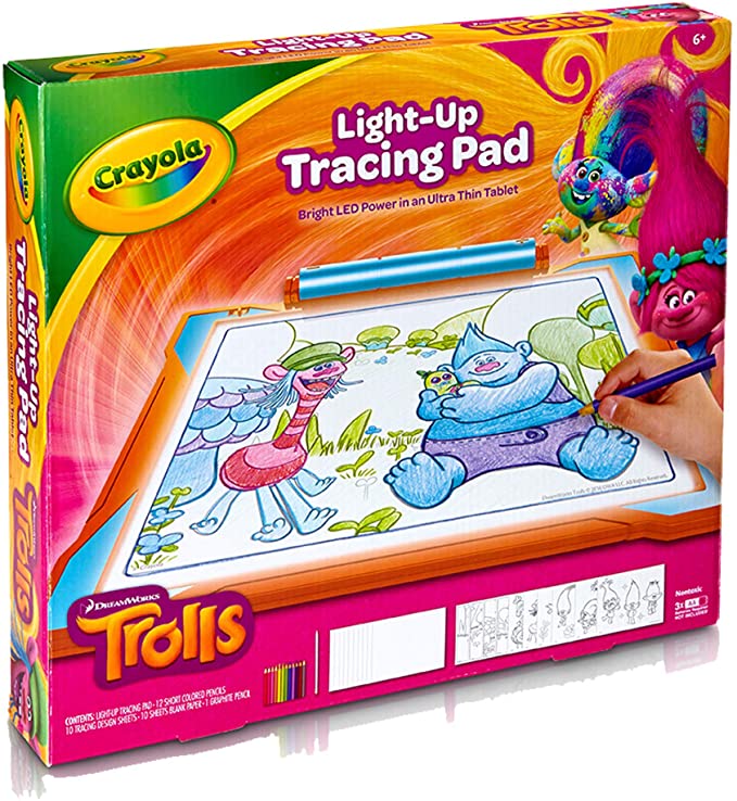 Crayola; Trolls Light-up Tracing Pad; Art Tool; Bright LEDs; Easy Tracing with 1 Pencil, 12 Colored Pencils, 10 Blank Sheets, 10 Tracing Sheets