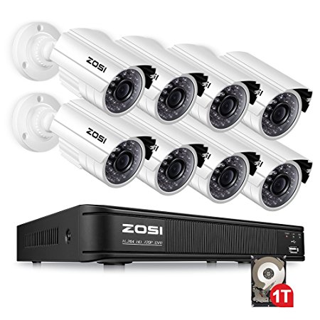 ZOSI 8CH Security Camera System 1080N DVR Reorder with 1TB Hard Drive and (8) HD 1280TVL Outdoor CCTV Cameras with IP66 Weather Proof and Motion Detection