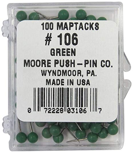 Moore Push-Pin Map Tacks, Dark Green, 100 Tacks