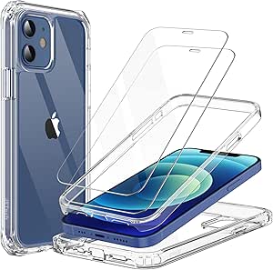 JETech Case for iPhone 12/12 Pro 6.1-Inch with 2-Pack Tempered Glass Screen Protector, 360 Full Body Shockproof Bumper Phone Cover Protective Clear Back (Clear)