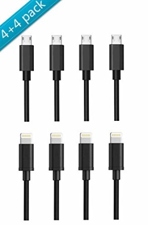 FLECK Short 0.2m/8.5in USB Cable 4 Apple Lightning Cables   4 Micro-USB Cables for All Apple Lightning Devices and All Micro-USB Devices( 4 Lightning cables  4 Micro-USB cables( Black))