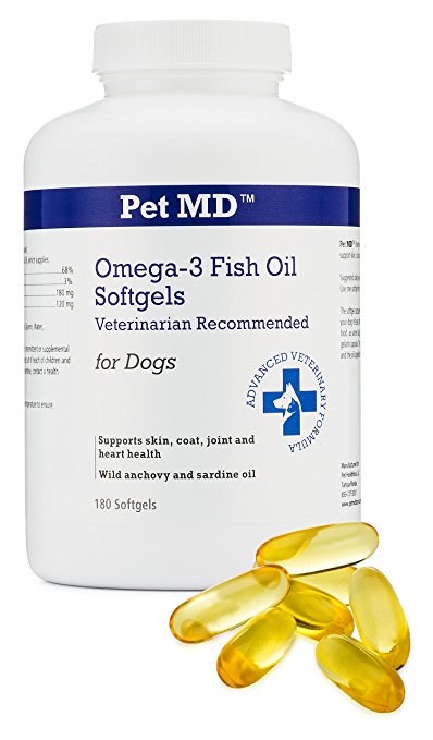 Pet MD – Omega 3 Fish Oil Supplement for Dogs – Skin, Coat, Joint, and Heart Health – 180 Softgels