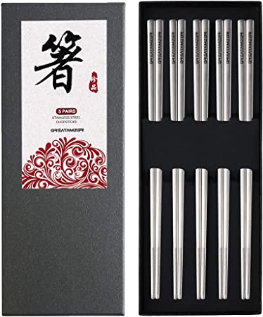 Stainless Steel Chopsticks Matte Silver Metal Chopsticks Reusable Dishwasher Safe 304 Square Lightweight Chop Sticks Fancy Japanese Korean Chopsticks for Cooking Eating 9 1/4 Inches 5 Pairs Gift Set