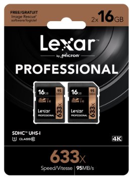 Lexar Professional 633x 16GB SDHC UHS-I Card w/Image Rescue 5 Software - LSD16GCB1NL6332 (2 Pack)