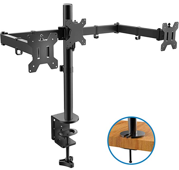 HUANUO Triple Monitor Stand | Adjustable 3 Arm Monitor Desk Mount Fits 19 20 21 22 23 24 Inch Flat/Curved Screens with Clamp, Grommet Mounting Base | VESA Compatible Tri Monitor Holder