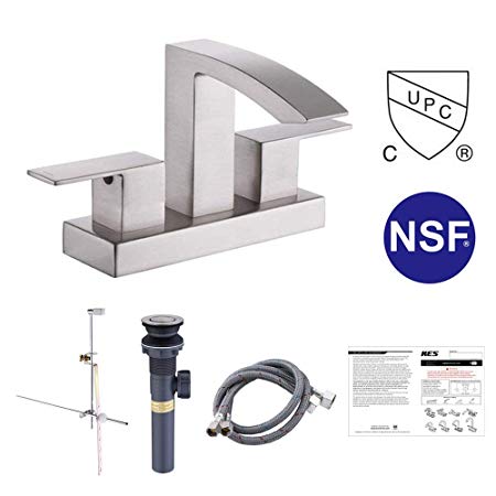 KES cUPC NSF Certified BRASS Two Handle Bathroom Waterfall Faucet with Drain Assembly Lavatory Vanity Sink Faucet 4-Inch Centerset Morden Square Hotel Style Brushed Nickel, L4101LF-BN