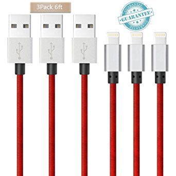 iPhone Cable - 3Pack 6FT , DANTENG Extra Long Charging Cord - Nylon Braided 8 Pin to USB Lightning Charger for iPhone 7,SE,5,5s,6,6s,6 Plus,iPad Air,Mini,iPod(Red)