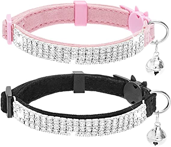 EXPAWLORER Cat Collar Breakaway with Bells - 2 Pack Rhinestones Bling Diamante Collars - Soft Velvet Safe Adjustable Shing Collar for Cats and Small Dogs