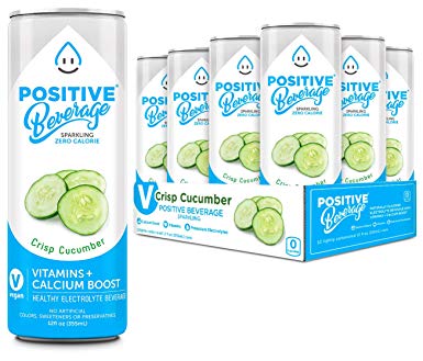 Positive Beverage Sparkling Water Crisp Cucumber - Made with Real Fruit Antioxidant Infused, Healthy Energy Electrolyte Water - Zero Calorie - Calcium Boost - No Sugar - 12 Seltzer Water Cans, 12oz