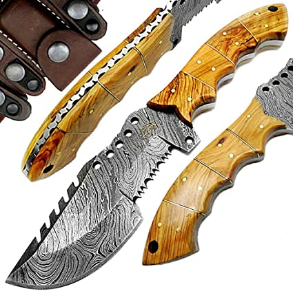 Olive Wood 9.5'' Tracker Fixed Blade 100% Handmade Damascus Steel Hunting Knife with 100% Prime Quality