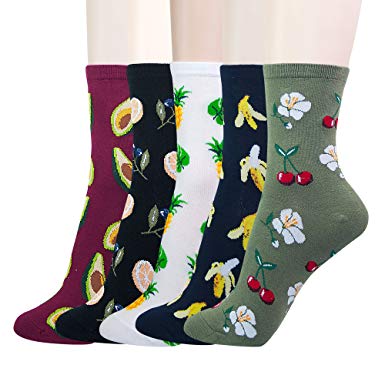 YourFeet Women’s 5 Pairs Cotton Fun Fruits Food Designed Novelty Crew Socks Gifts Size 6-9