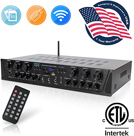 Wireless Home Audio Amplifier System-Bluetooth Compatible Sound Stereo Receiver Amp - 6 Channel 600Watt Power, Digital LCD, Headphone Jack, 1/4'' Microphone in USB SD AUX RCA FM Radio-Pyle PTA66BT.5