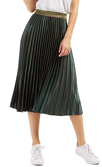 CHARTOU Womens Elastic-Waist Accordion Pleated Metallic Long Party Skirt