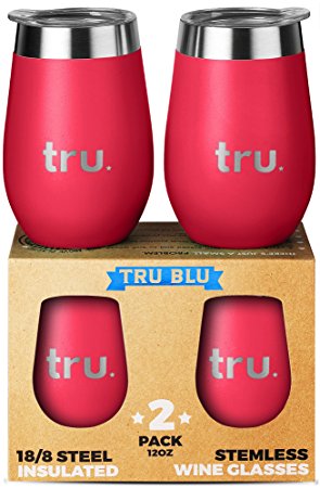 Outdoor Vacuum Insulated Wine Tumblers with Lids (Set of 2), Stainless Steel Glasses 12oz - Double Wall Stemless Metal Cup - Travel, Camping, Lightweight, Unbreakable, Portable, BPA Free