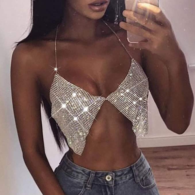 Jeweky Halloween Crystal Bra Chain Silver Sparkly Crop Top Body Chains Sexy Beach Nightclub Rave Bikini Chest Accessories Jewelry for Women and Girls