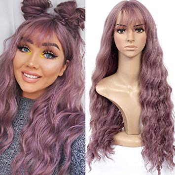 HUA MIAN LI Long Wavy Wig With Air Bangs Silky Full Heat Resistant Synthetic Wig for Women - Natural Looking Machine Made Grey Pink 26 inch Replacement Wig for Party Cosplay Body Wavy (Pink)