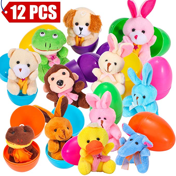 12 Pieces Easter Eggs Filled with Mini Toys - Perfect As Party Favors, Easter Egg Hunt Supplies - Different Plush Toy Filled 3.15'' DIY Colorful plastic eggs