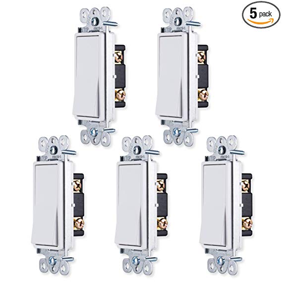 GE Switch Fans & Lights, White, Grounding Paddle Rocker 5 Pack, Single Pole, in Wall On/Off Power Replacement for Ceiling Fans, 15 Amp, for Home, Office & Kitchen, UL Listed, 44017