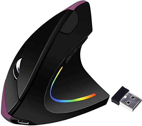 Ergonomic Mouse,Funwaretech Wireless Rechargeable 2.4G Vertical Optical Mice,800/1200 /1600 DPI with 6 Buttons for Laptop,Desktop,PC, MacBook - Purple