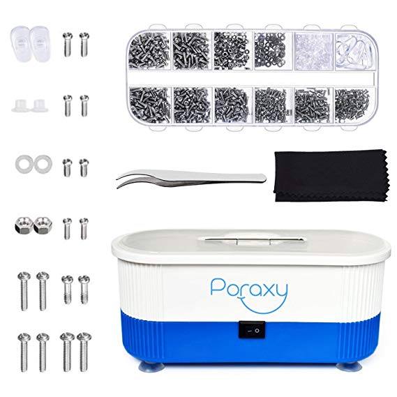 Eyeglass Repair Kit –1100Pcs Eyeglasses Screws and Nose Nads Set with Ultrasonic Eyegalss Cleaner,Tweezer Micro Screwdriver Mini Eyeglasses Cleaning Machine for Glasses,Spectacles,Jewelry