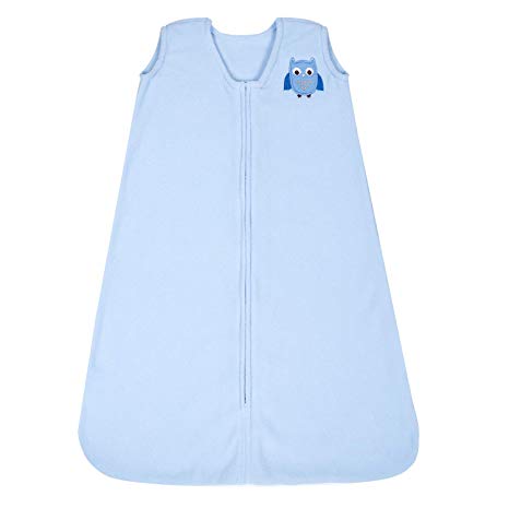 TILLYOU All Season Micro-Fleece Baby Sleep Bag and Sack with Inverted Zipper, Fits Infants Babies Ages 0-6 Months, Sleeveless Warm Soft Wearable Blanket TOG 1, Small/Newborn S NB, Blue Owl