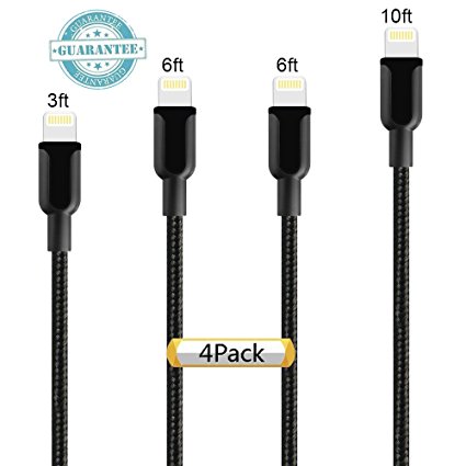 iPhone Cable 4Pack 3FT,6FT,6FT,10FT, DANTENG Extra Long Charging Cord Nylon Braided 8 Pin to USB Lightning Charger for iPhone 7,SE,5,5s,6,6s,6 Plus,iPad Air,Mini,iPod (Black)