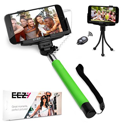 EEZ-Y Wired Selfie Stick Bundle w/ Flexible Tripod   Bluetooth Remote   Two Adjustable Phone Holders - Awesome Photography Tools for iPhone Samsung Sony LG Nexus Devices - Best Value Bundle (Green)