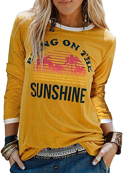Enmeng Womens Bring On The Sunshine Printed T-Shirt Causal Christian Graphic Tees