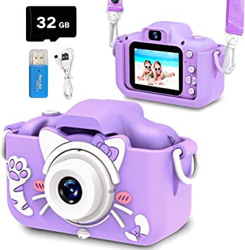 Goopow Kids Selfie Camera, Christmas Birthday Gifts for Girls Age 3-9, Digital Video Cameras for Toddler, Portable Toy for 3 4 5 6 7 8 9 Year Old Girl with 32GB SD Card (Purple-Cat)