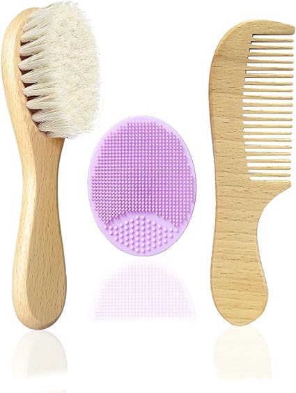 Molylove Baby Hair Brush with Wooden Handle and Comb Set for Newborns & Toddlers | Natural Soft Goat Bristles l Wood Comb l Purple Silicone Brush| Ideal for Cradle Cap (3 Piece)
